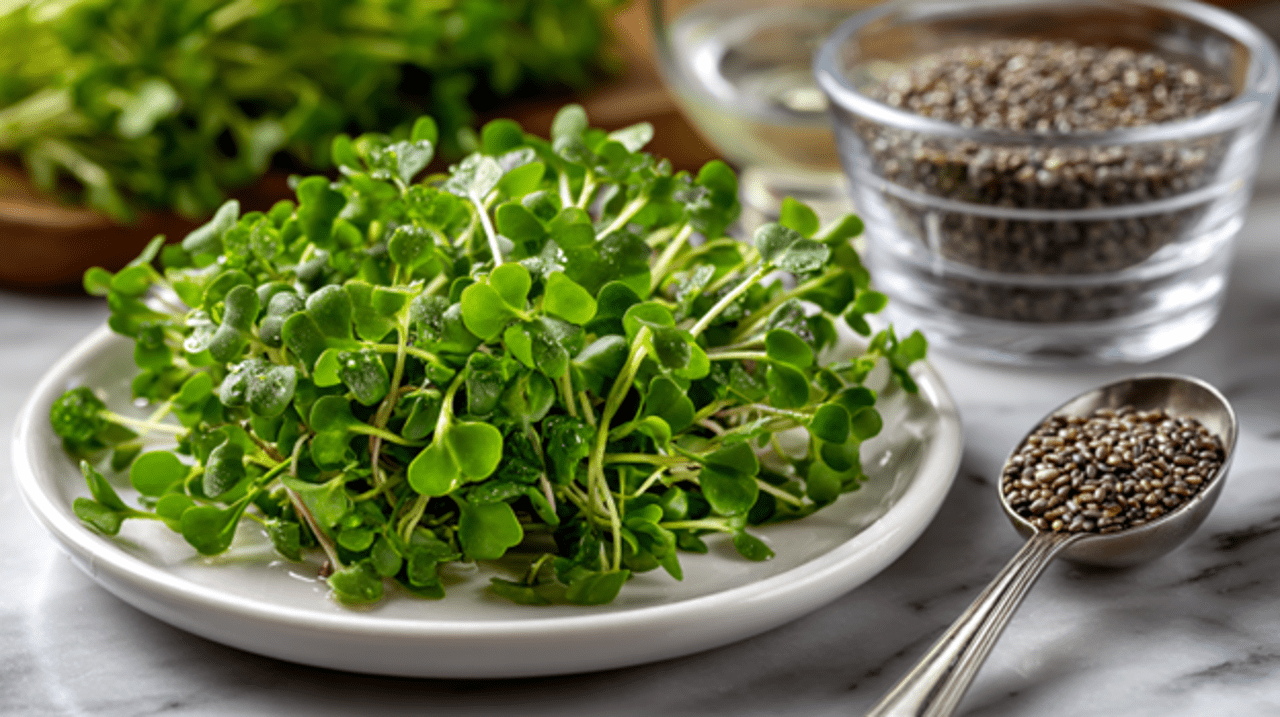Fresh alfalfa microgreens arranged on a white ceramic plate, vibrant green cotyledons with delicate stems catching natural window light