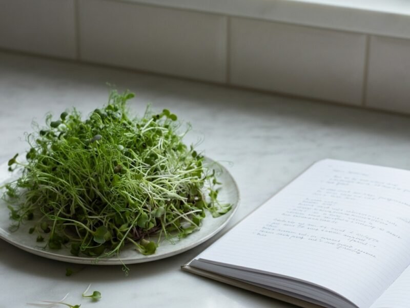 A plate of alfalfa microgreens sitting on a white plate next to a recipe book on a kitchen counter