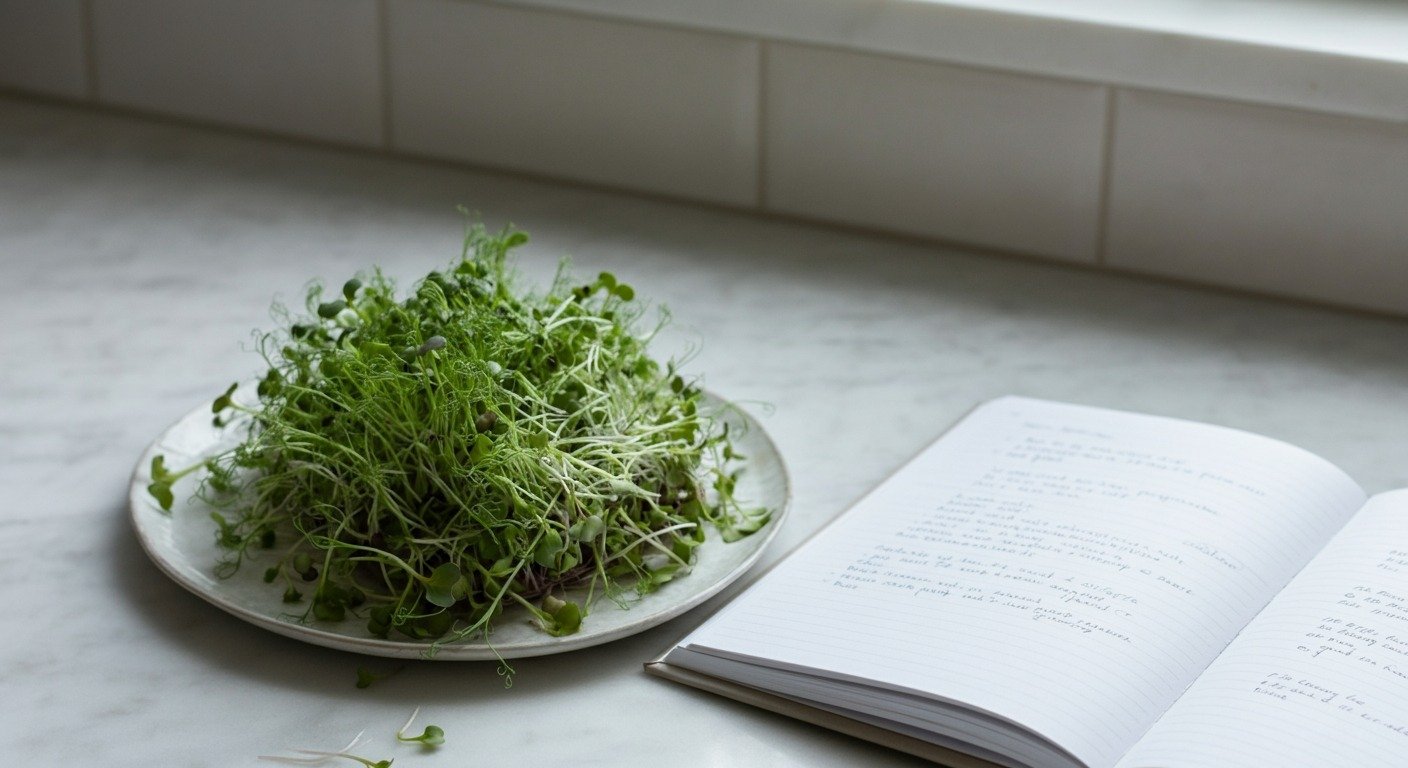 A plate of alfalfa microgreens sitting on a white plate next to a recipe book on a kitchen counter