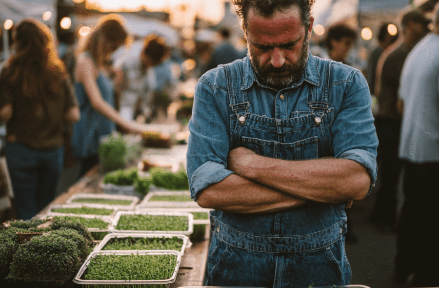 Dejected farmer's market vendor standing behind booth with perfectly arranged, beautiful green microgreens in clamshell containers