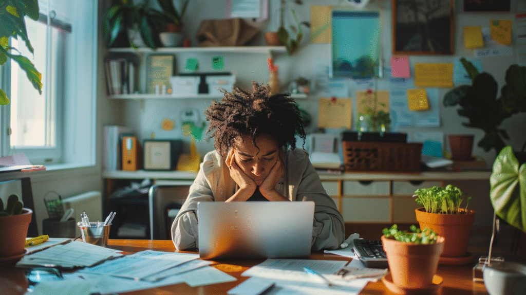 Medium shot of overwhelmed person sitting at home office desk, face in hands with elbows on desk surrounded by scattered paperwork