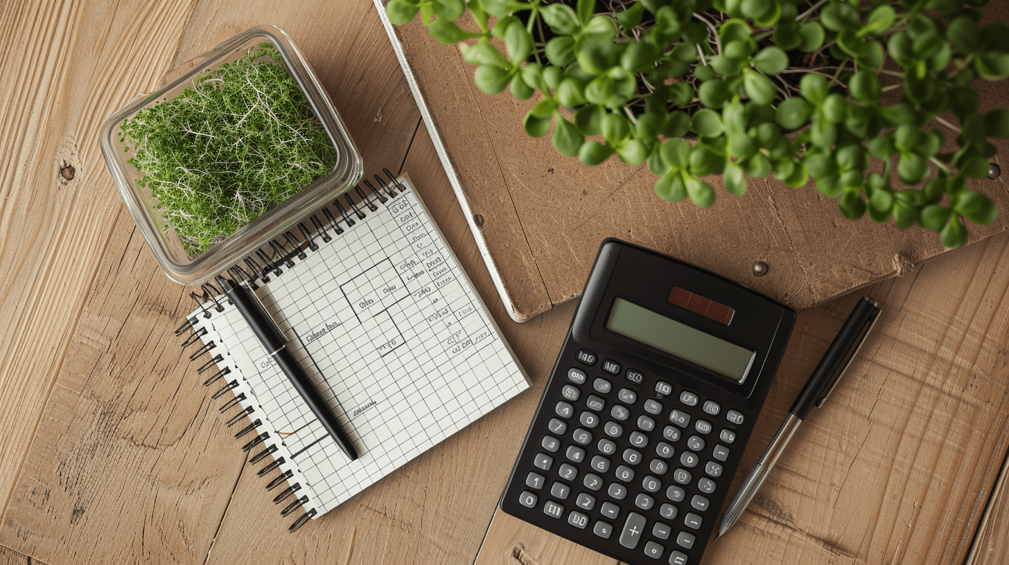 photograph of small business pricing workspace, handwritten pricing breakdown on notepad showing seed cost