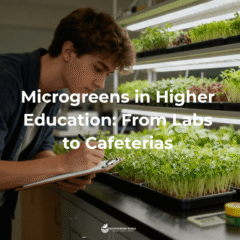 College student examining microgreens growing in trays under LED lights in a university lab