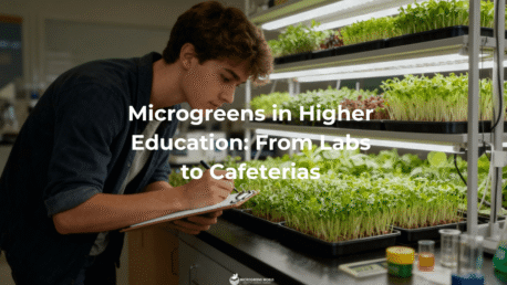College student examining microgreens growing in trays under LED lights in a university lab