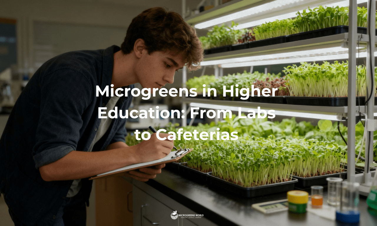 College student examining microgreens growing in trays under LED lights in a university lab