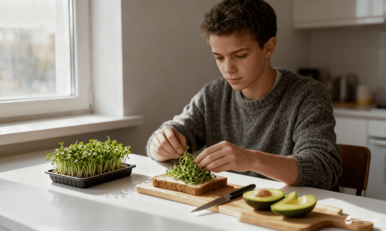 Put Those Microgreens Benefits to Work Highschool Junior preparing a microgreens and avocado sandwich