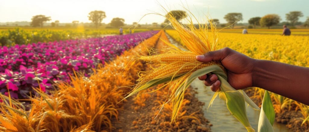 Biofortified staple crops at harvest A hand holds a golden ear of corn beside rows of purple-leaf and golden grain crops in a sunlit field