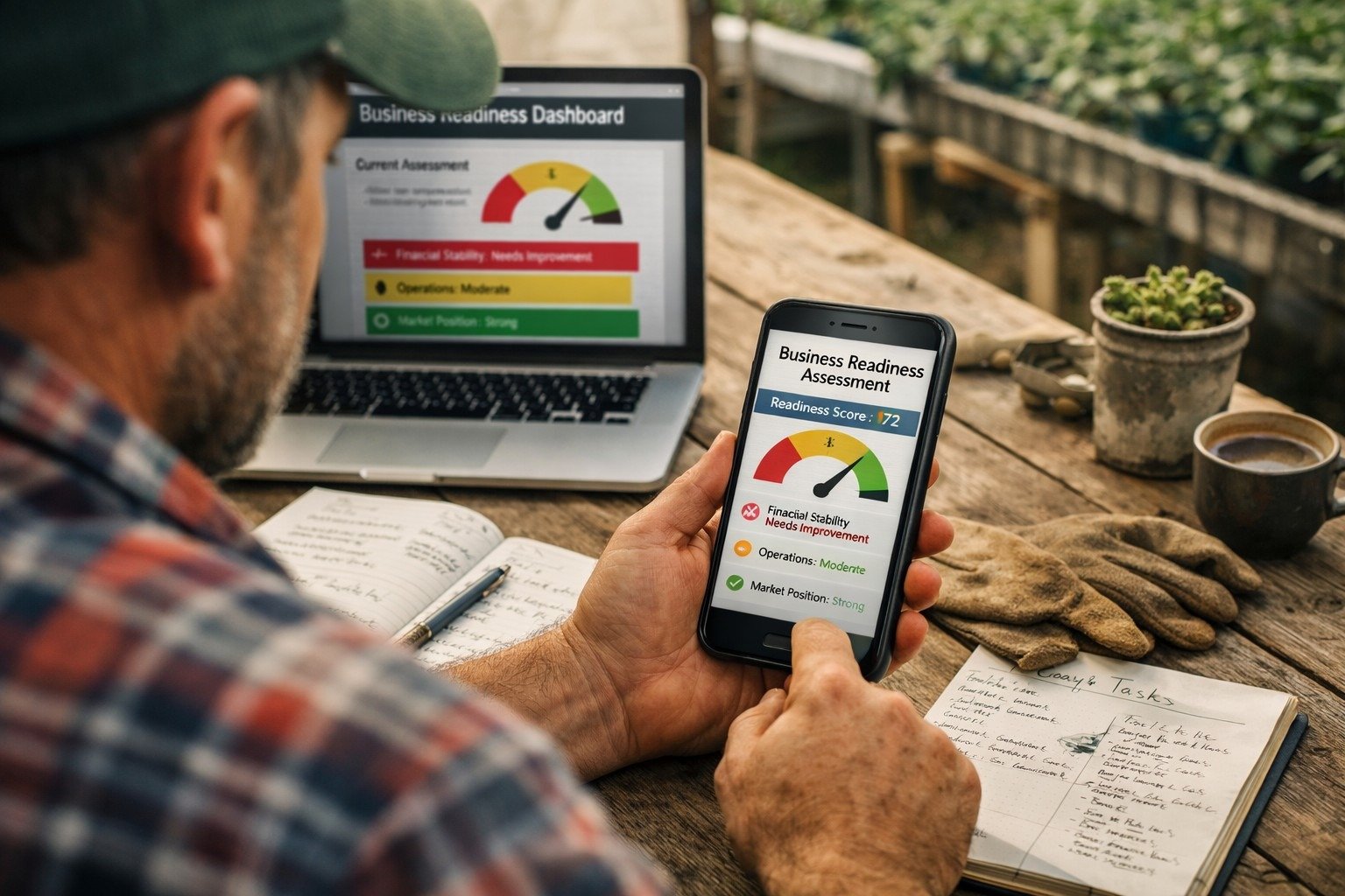 A photo of someone looking at a checklist, scorecard, or dashboard on their phone or laptop.