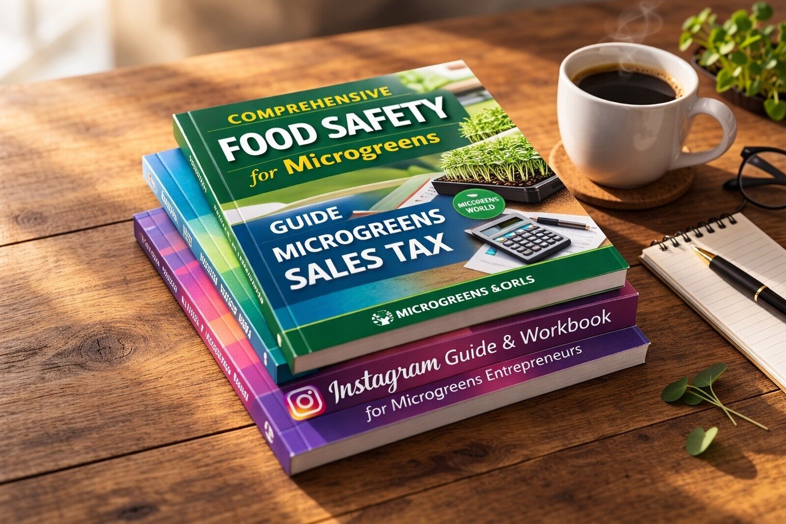 Photorealistic flat lay of real physical business books about microgreens stacked neatly on a warm wooden table. The top book reads 'Comprehensive Food Safety for Microgreens'