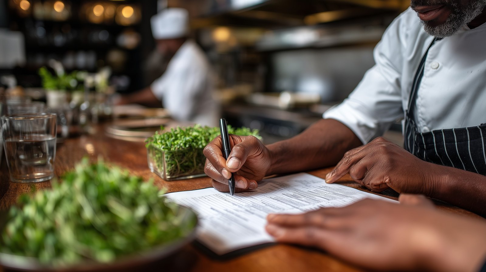 Over-the-shoulder shot of a person sitting across a table from a restaurant chef or buyer, reviewing a product order sheet or pricing document together.