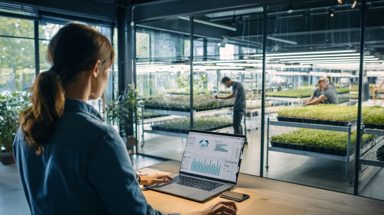 Over-the-shoulder view of a microgreens business owner at a clean modern desk, laptop open showing business metrics, large glass windows behind revealing a professional commercial grow room with team members working among rows of microgreens trays