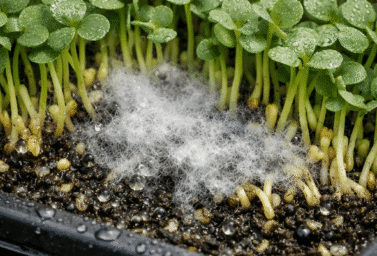 a close-up of a 10x20 microgreens tray with visible white fuzzy mold growing between dense green seedlings, some yellowing at the base, moisture droplets on the surface