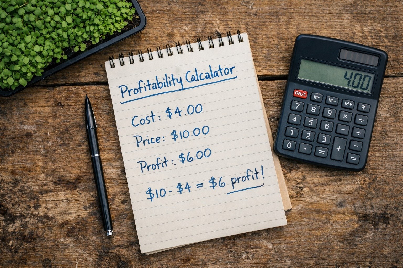 Overhead shot of a notepad with simple cost/price/profit math written out, calculator beside it, pen, maybe a small tray of microgreens in the corner.