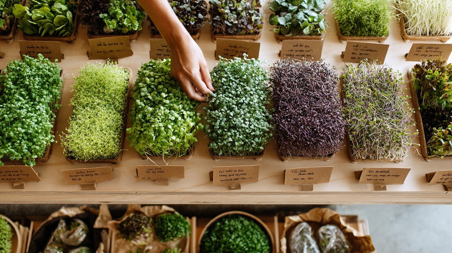 How is the microgreens market segmented Flat lay overhead shot of a wooden market table covered with organized groupings of different microgreens varieties