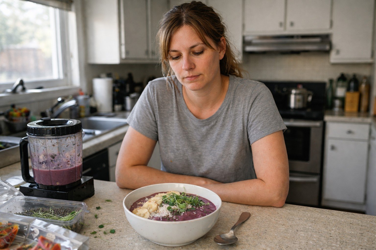 You're Adding Microgreens and Nothing's Changing A person standing at a kitchen counter looking down at a half-made smoothie bowl with scattered microgreens on top, expression flat, not excited, not sad, just going through the motions. Morning light from a window.