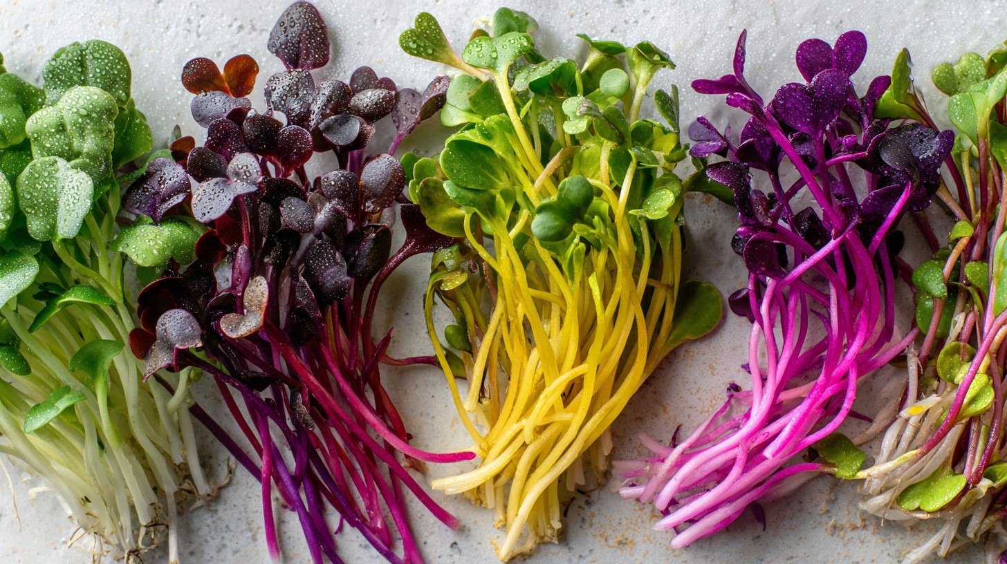 What health benefits are driving microgreens as a food trend Close-up macro photography of five distinct microgreens varieties arranged side by side on a white ceramic surface