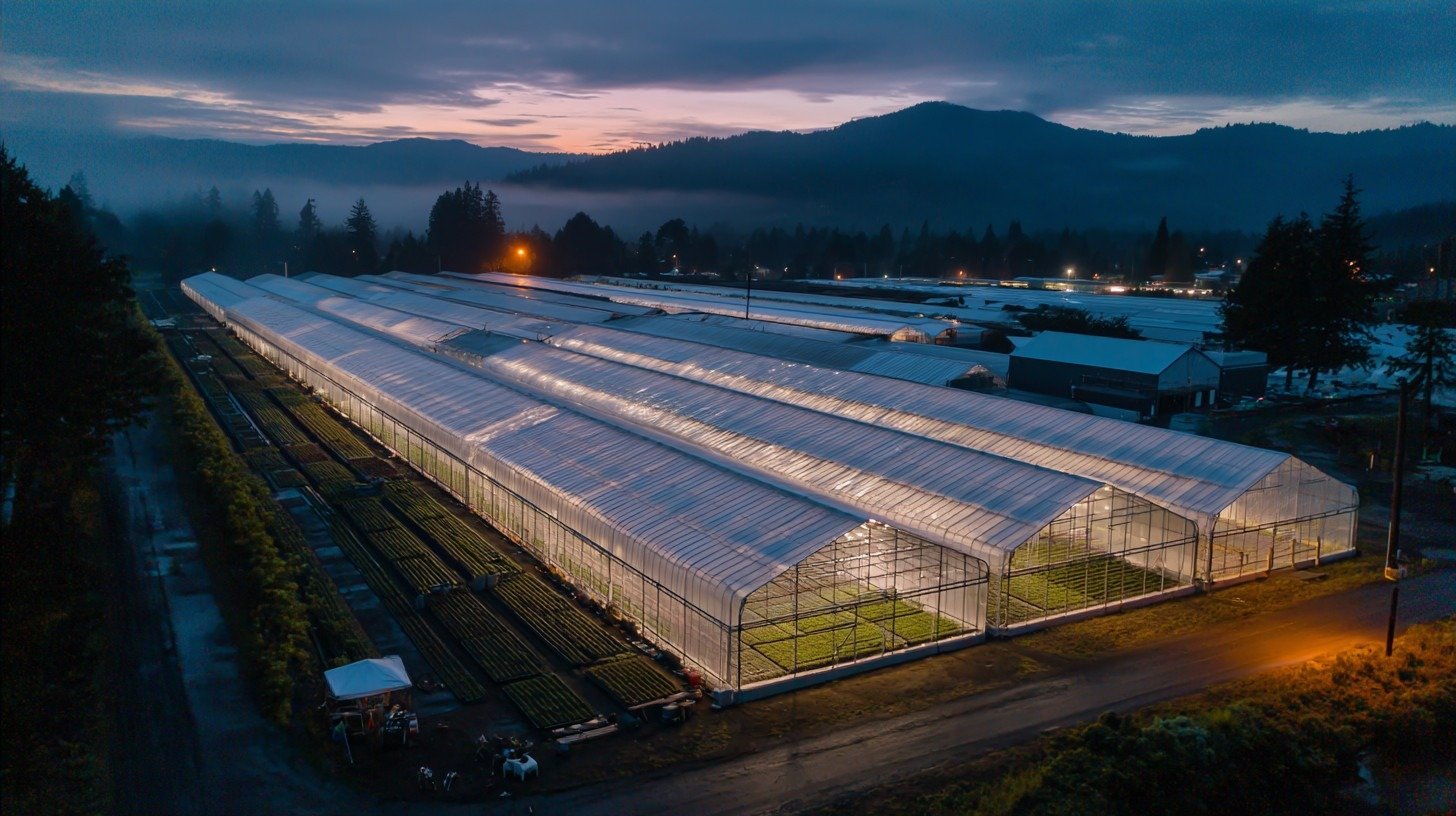 Who controls the microgreens market share right now Aerial view of a large commercial greenhouse operation at dusk