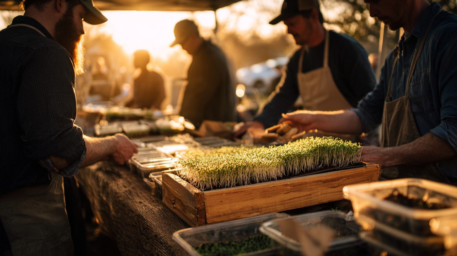Wrap-up microgreens market trends 2026-2032 Early morning farmers market, single microgreens grower arranging trays at their stand before the market opens