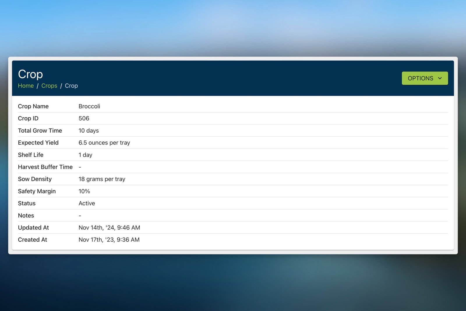 Microgreen Manager Dashboard Crop management dashboard showing broccoli details and metrics