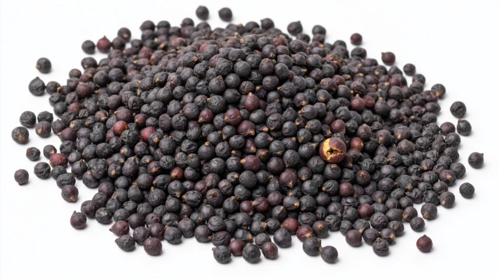 Extreme macro of organic broccoli seeds on a dark surface, one seed cracked open, illustrating seed-borne contamination risk in microgreens