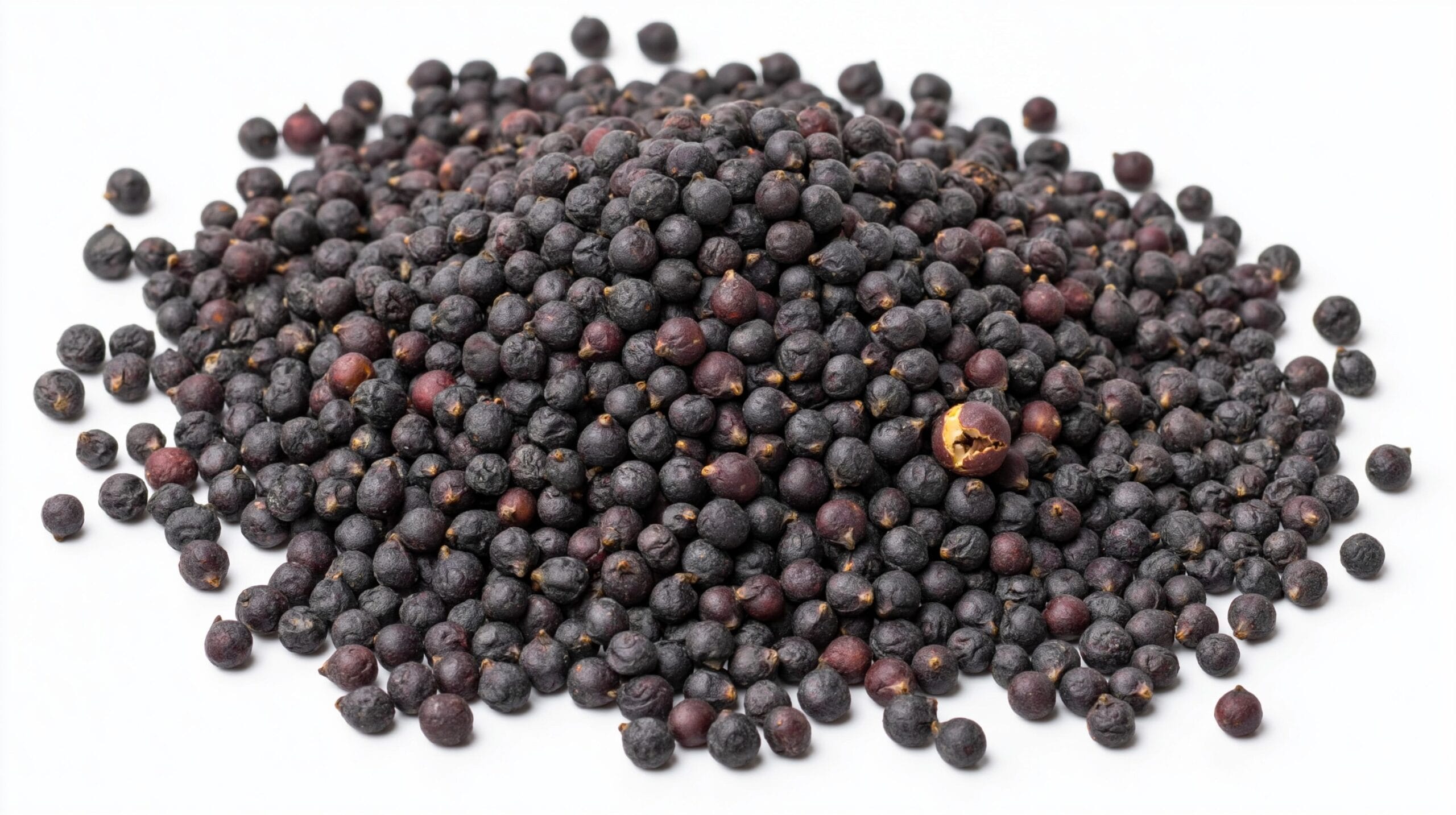 A heap of small dark round seeds on a white background, one seed in the pile cracked open to show its pale inside