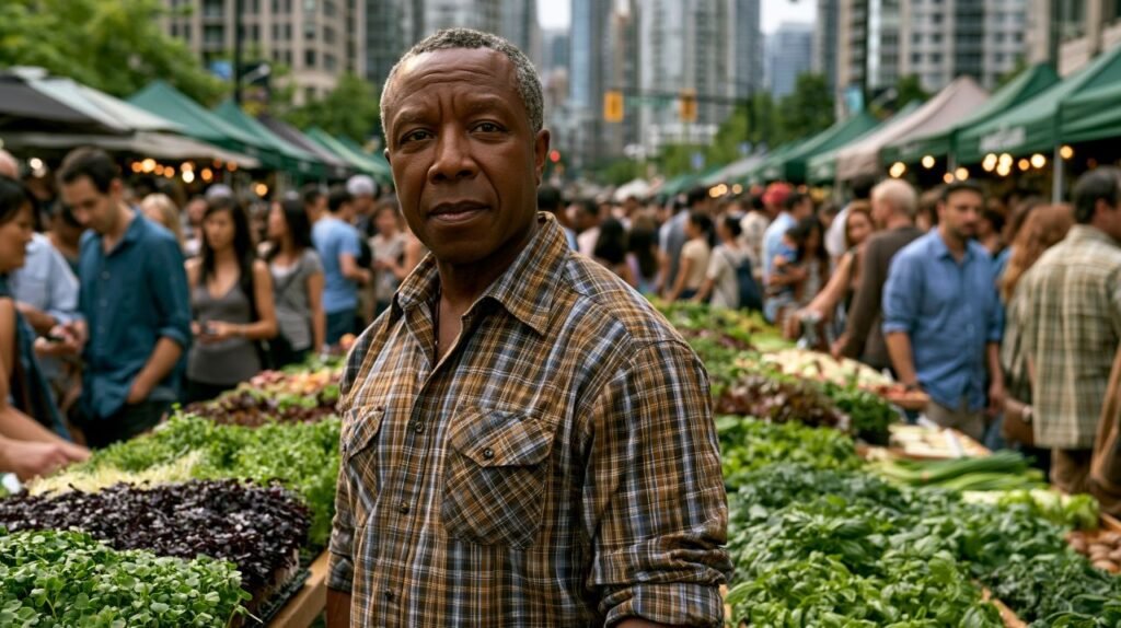 Urban farmers market vendor selling specialty crops at a busy western market, illustrating which farmers market to sell at by region