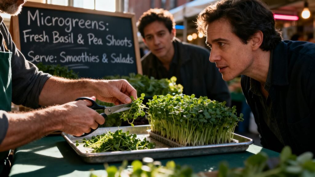 Farmers market vendor demonstrating microgreens to a customer at a booth, addressing the public knowledge barrier around which farmers market to sell at