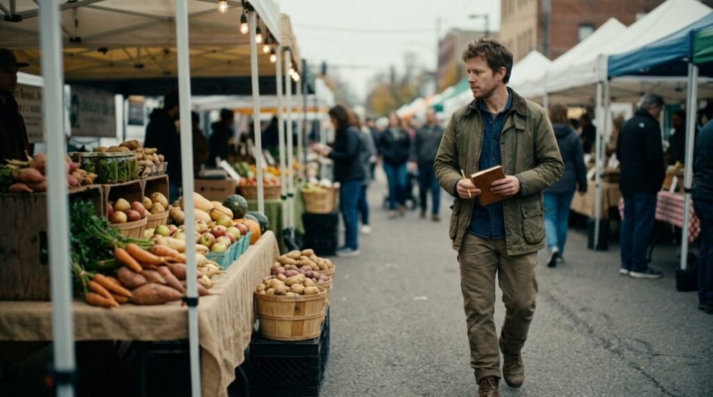 Microgreens grower walking a farmers market on a Saturday morning researching which farmers market to sell at before submitting a vendor application