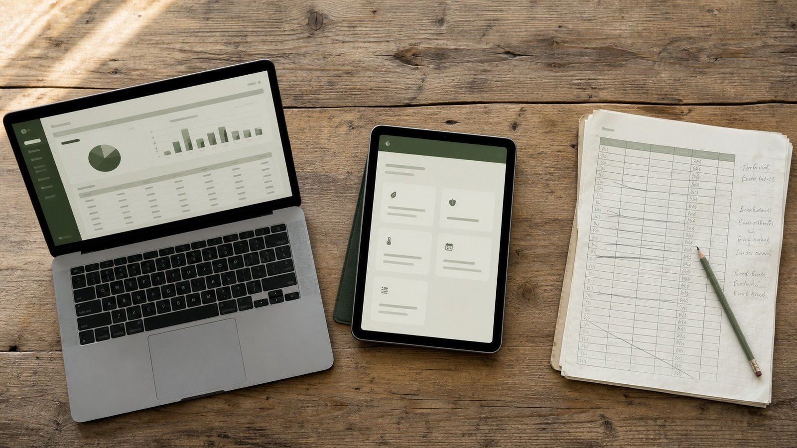 how does microgreen manager compare to competition Three farm management tools compared side by side: microgreens software dashboard, basic app interface, and paper spreadsheet