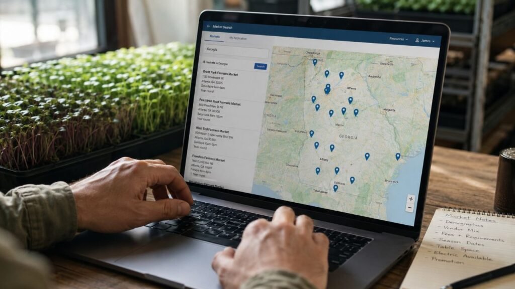 Grower using the MGW Farmers Market Finder tool on a laptop to research which farmers market to sell at by location and market type