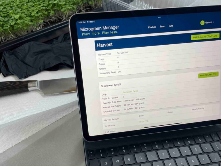 Tablet displaying microgreen manager app