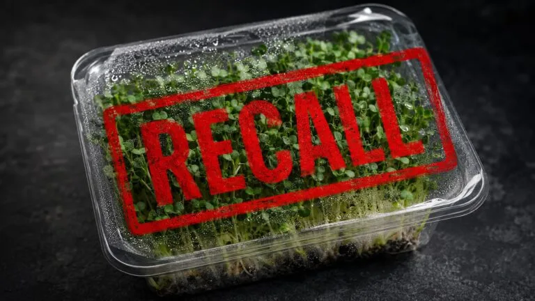Retail package of fresh broccoli microgreens with a bold red recall stamp overlaid, dark dramatic background