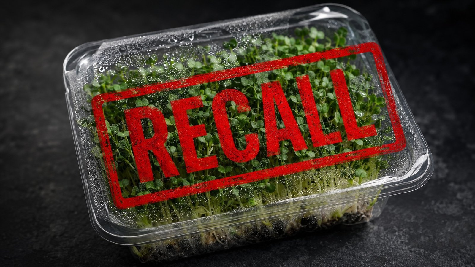 Retail package of fresh broccoli microgreens with a bold red recall stamp overlaid, dark dramatic background