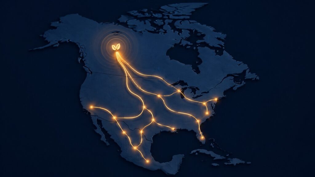 Minimalist map of North America with amber supply chain lines flowing from Canada into the United States, representing cross-border seed distribution risk