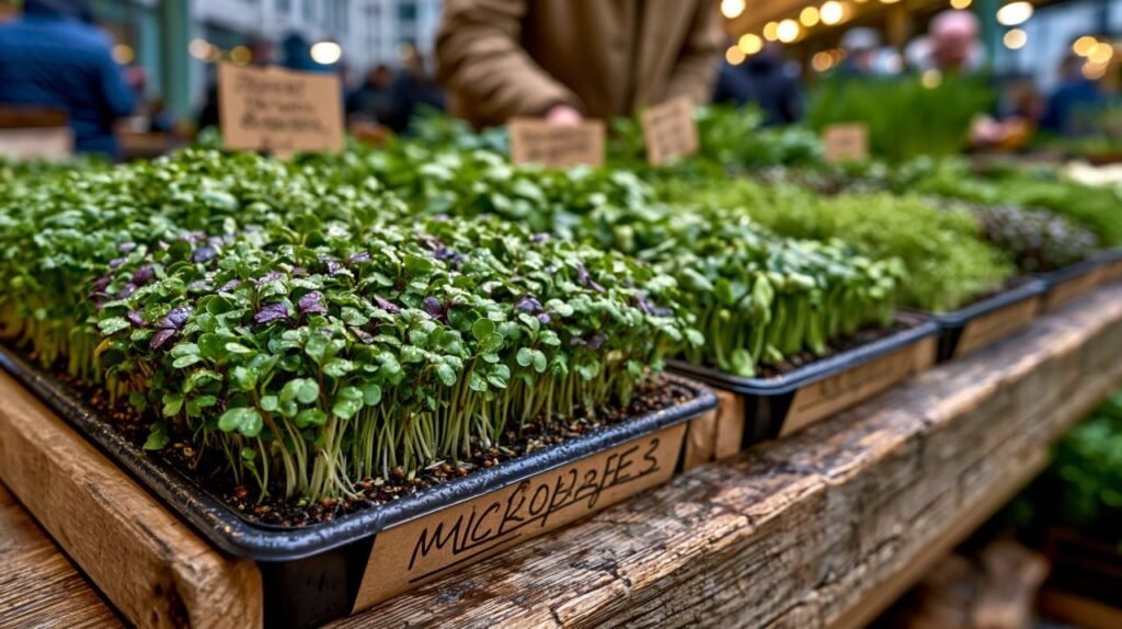 Lush trays of sunflower, radish, and pea shoot microgreens arranged with obsessive precision on reclaimed wood, kraft paper hand lettered labels, condensation on tray edges.