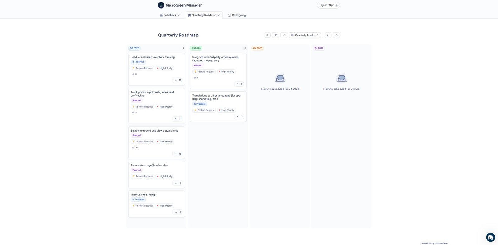 what's missing from microgreen manager right now Quarterly roadmap board for Microgreen Manager app