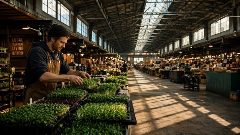 Microgreens vendor confidently setting up their booth at a thriving urban year-round farmers market, having researched which farmers market to sell at using data