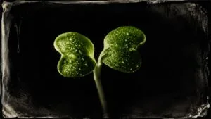Extreme macro photograph of a single broccoli microgreen cotyledon against black glass with water droplets and dramatic single point lighting in wet plate collodion style