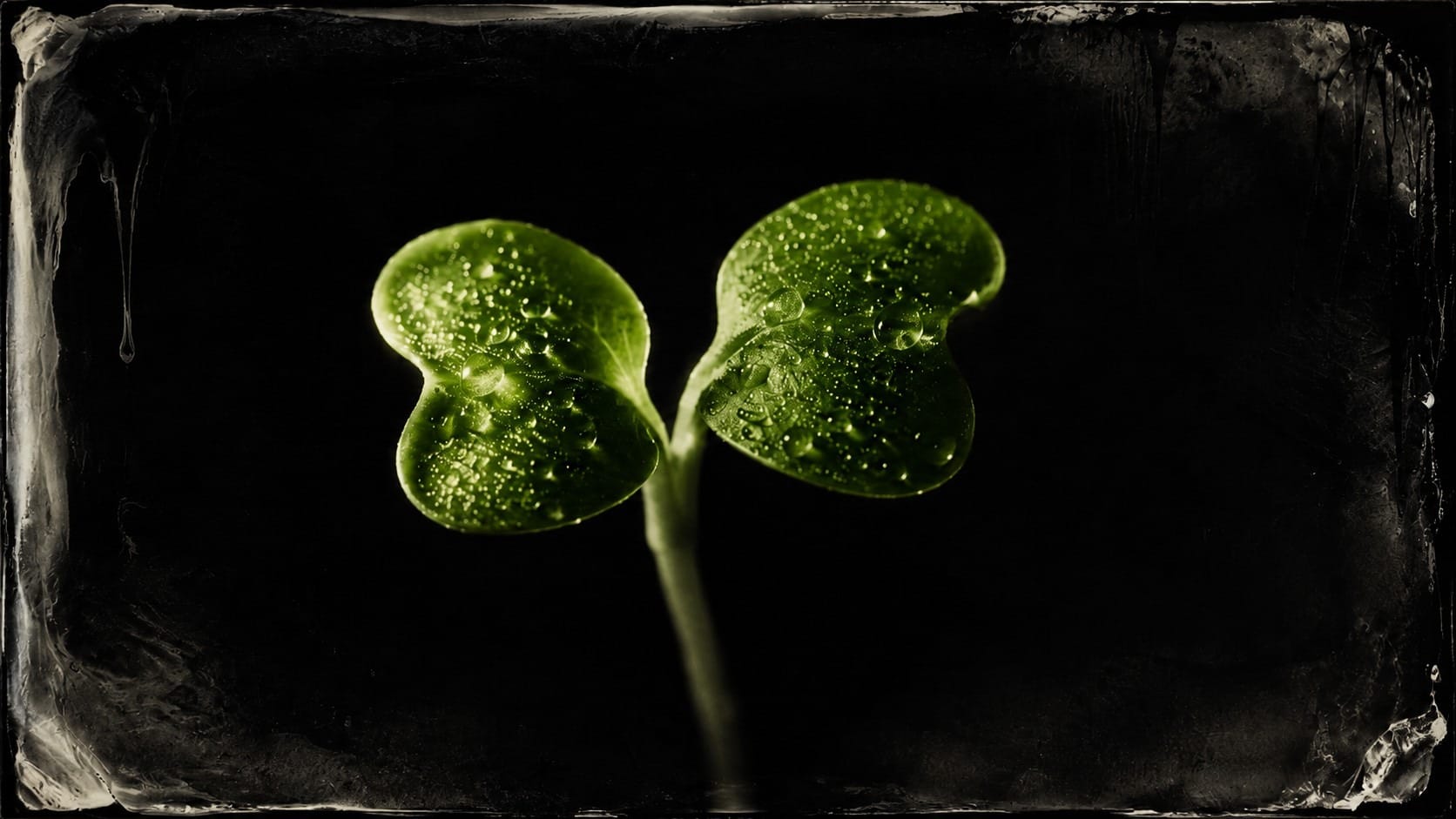Extreme macro photograph of a single broccoli microgreen cotyledon against black glass with water droplets and dramatic single point lighting in wet plate collodion style