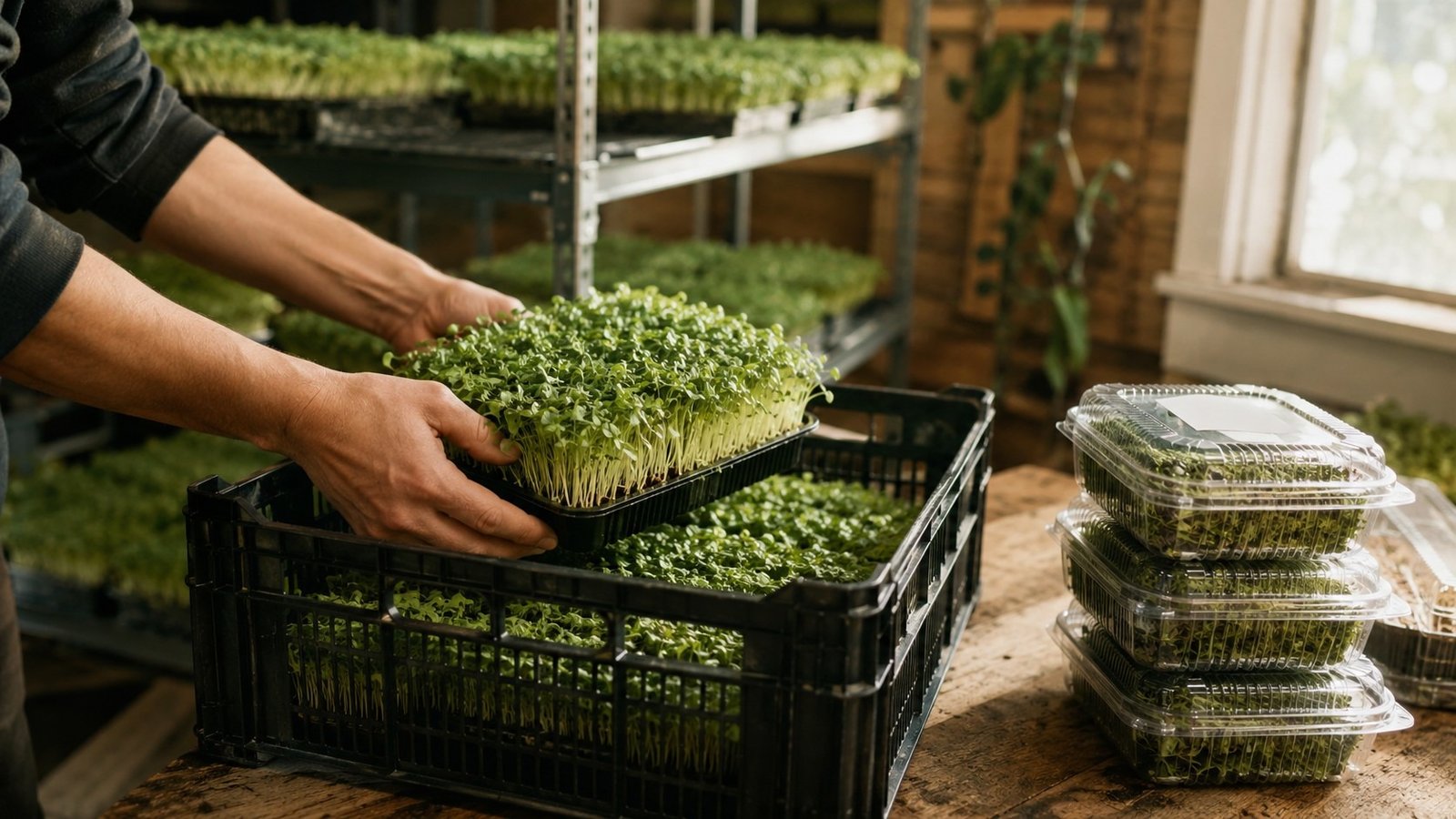 Freshly harvested microgreens trays being packed into a delivery crate for a restaurant order