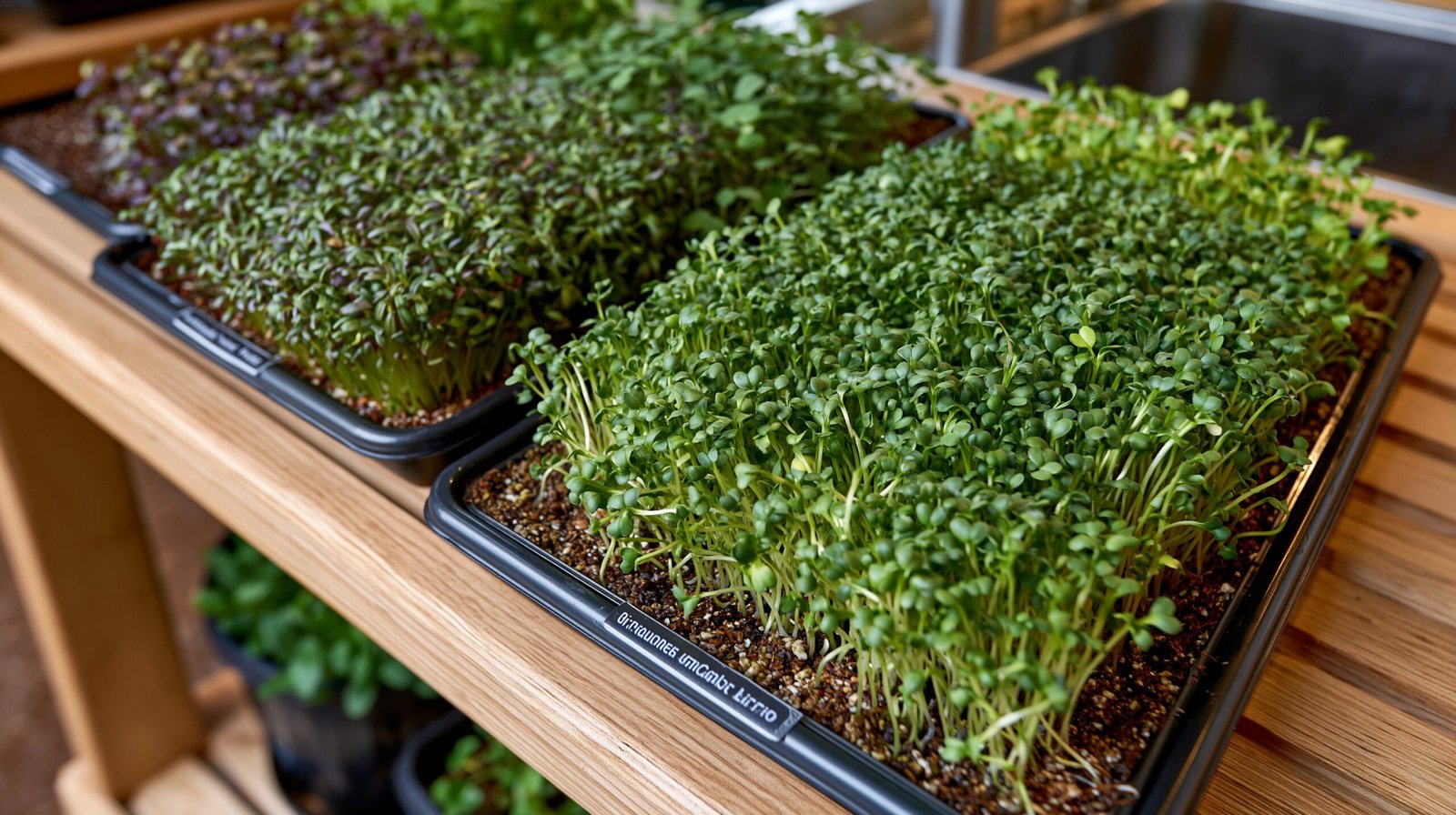 Three labeled trays of microgreens on a shelf, a focused starting lineup for a new grower