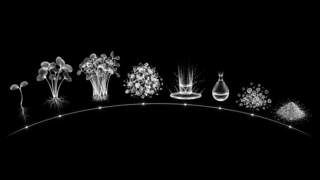 Chronophotographic motion study showing a broccoli microgreen transforming through sequential phases from living plant to cold pressed juice to fine powder against a black background