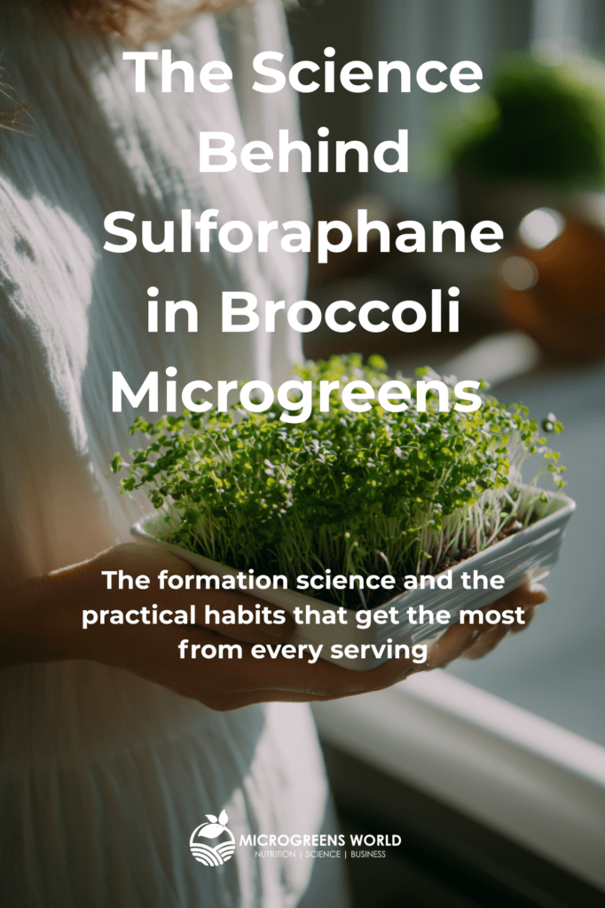 Book: Woman standing with a bowl of uncut broccoli microgreens