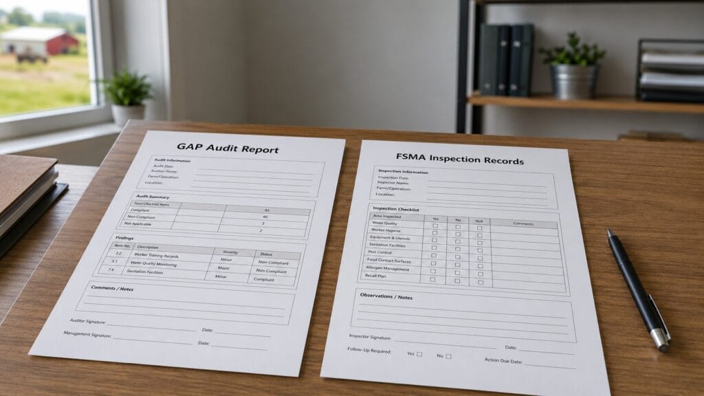 Food safety audit report and FSMA inspection records side by side on a farm desk