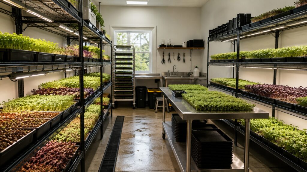 Small commercial microgreens growing room with neat rows of black trays under LED grow lights