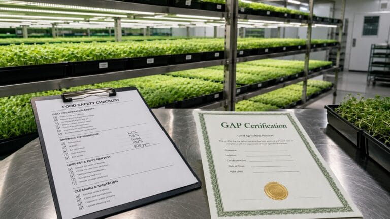 Commercial microgreens growing room with a food safety clipboard and GAP certification document on a stainless steel bench in the foreground
