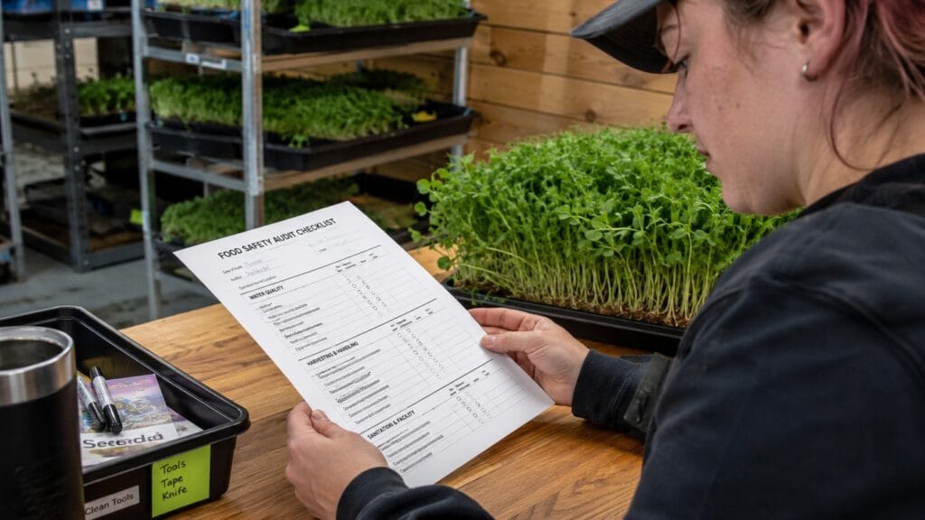 Microgreens grower reviewing a food safety audit checklist at a growing bench with trays of pea shoots