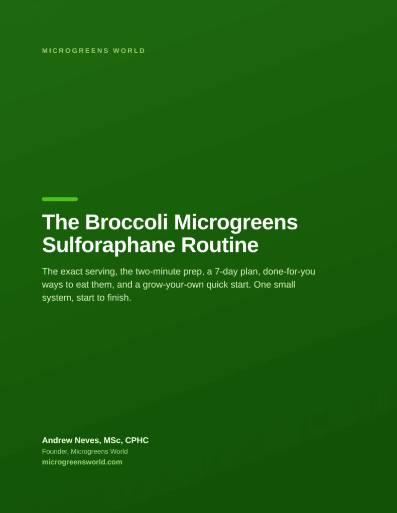 Green cover of The Broccoli Microgreens Sulforaphane Routine, an 11-page digital guide by Andrew Neves of Microgreens World