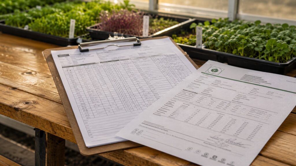 Food safety logs and seed certificate of analysis on a microgreens growing bench with trays in the background