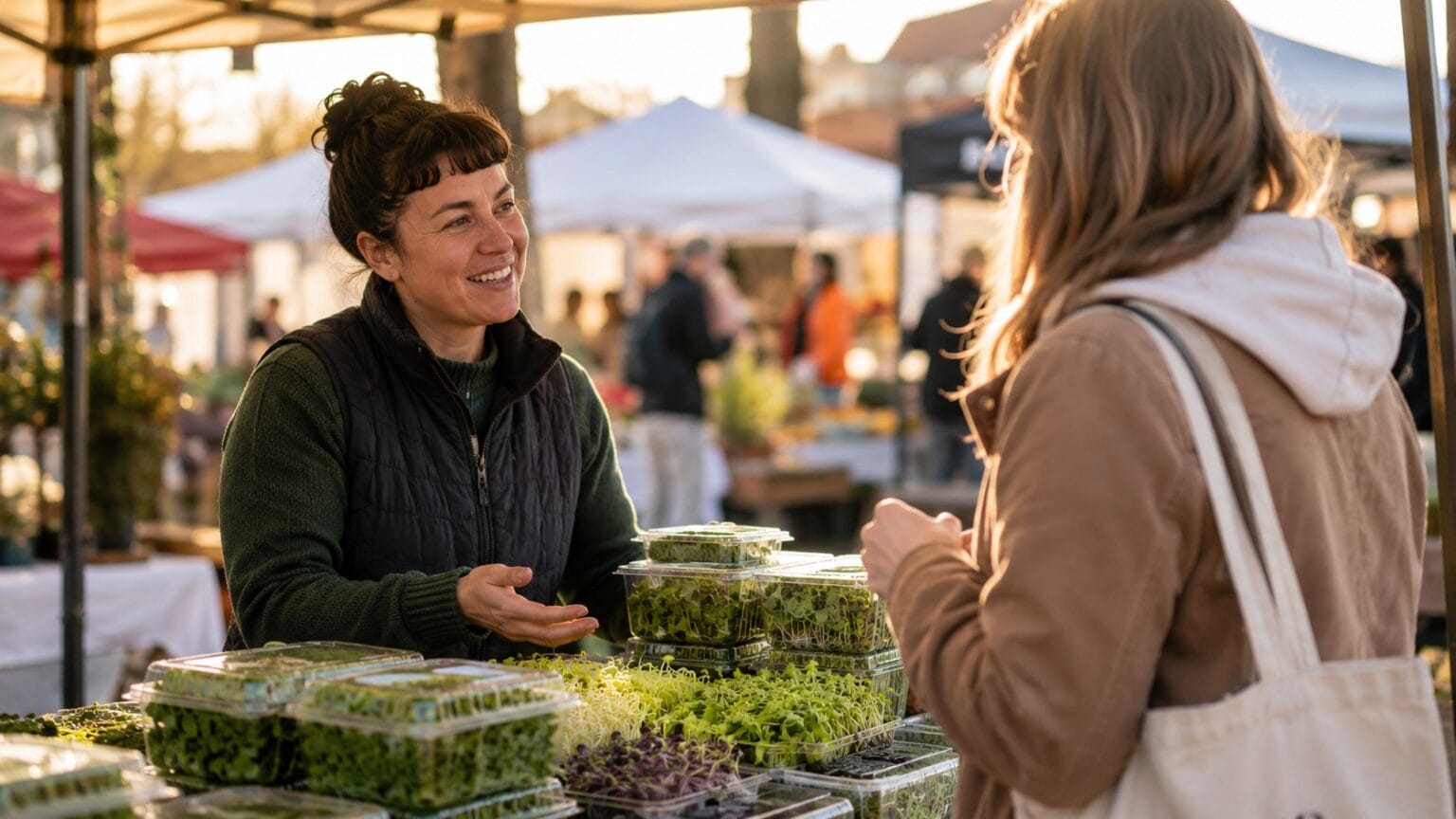 A grower at a farmers market stand talking with a customer across clamshells of microgreens, tents and shoppers behind them.